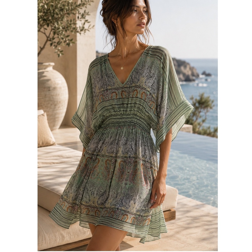 Calypso St Barth Dress Womens Small Green Silk Paisley Smocked Kimono‎ Sleeve